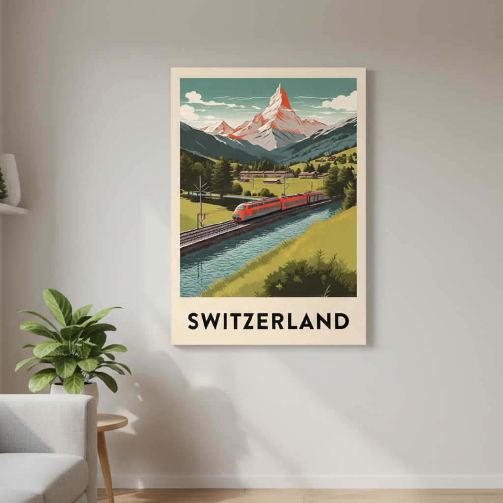 Vintage Switzerland alpine train traveling through scenic valleys with snow-capped mountains on canvas
