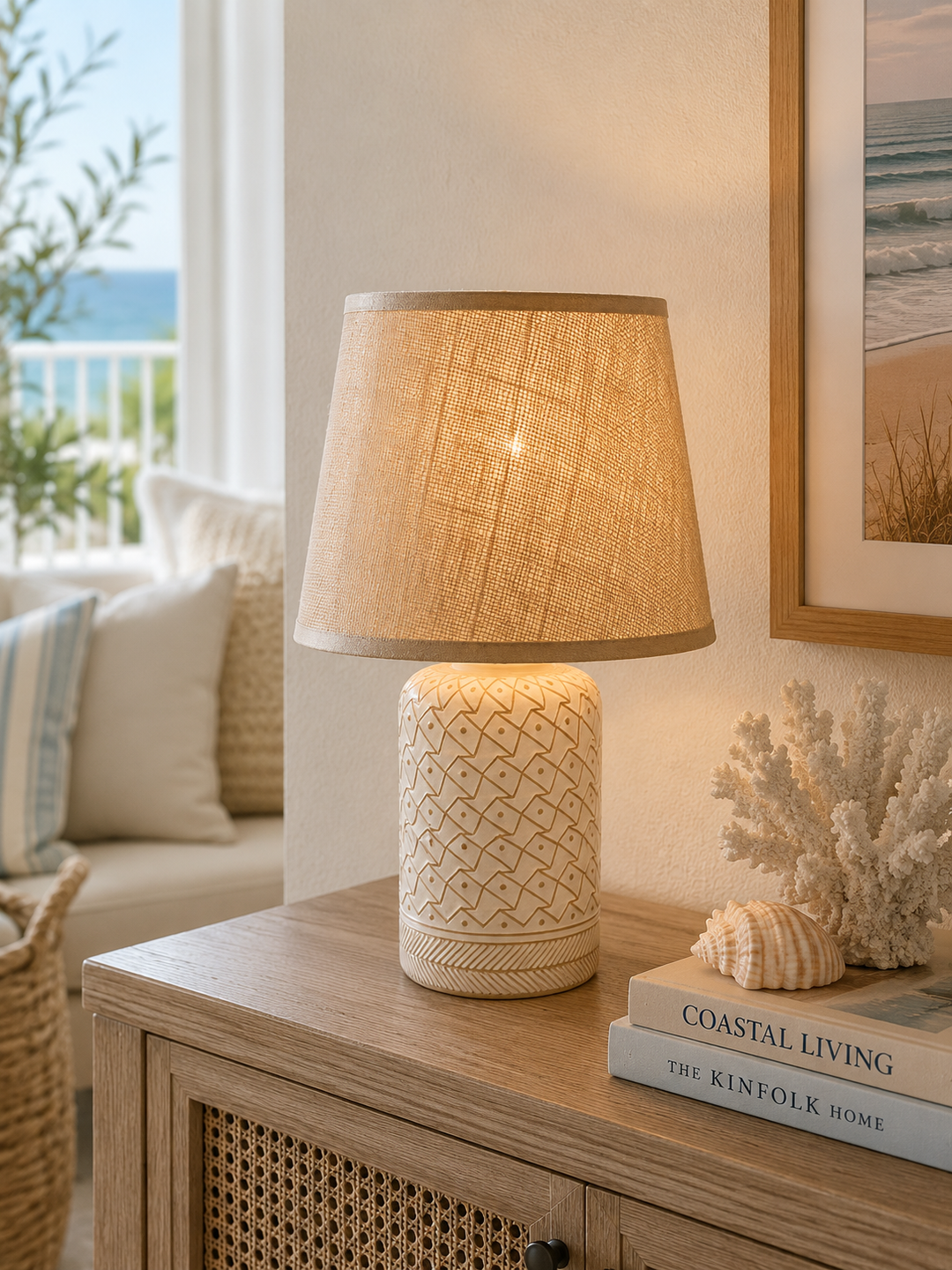 Geometric Embossed Ceramic Table Lamp with Fabric Shade