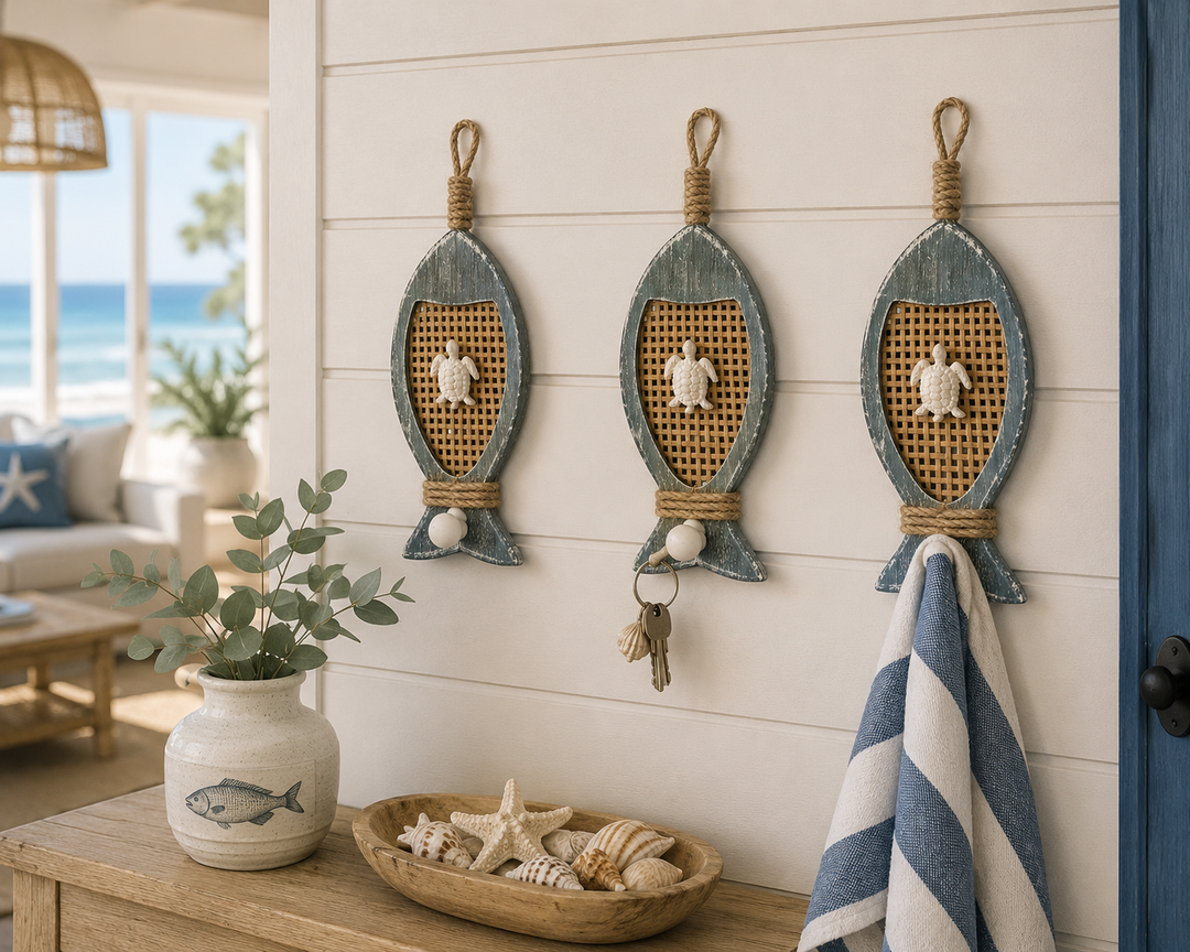 Coastal Fish Wall Hook with Rattan & Sea Turtle Accent set of 3