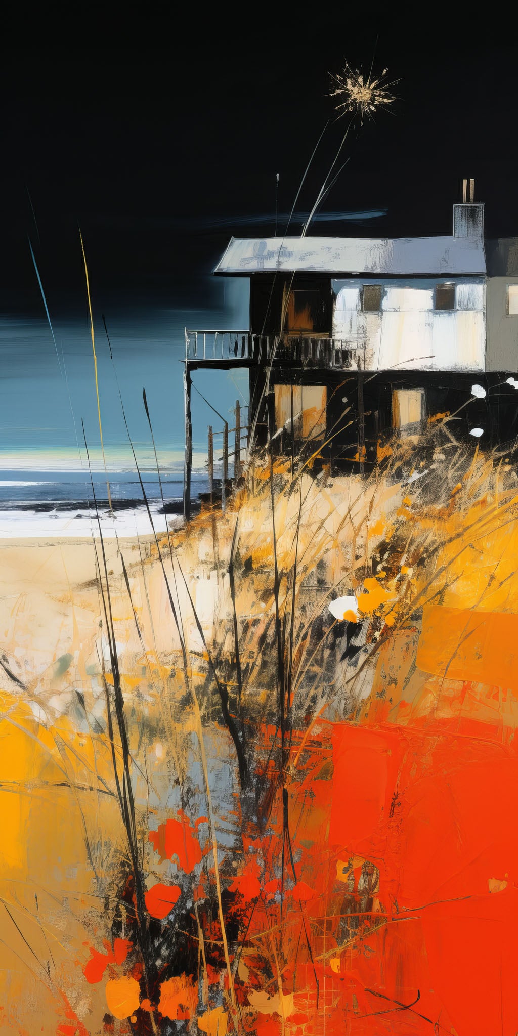 Wadi Home coastal landscape abstract wall art print featuring a beach house with orange and black tones above a sofa.