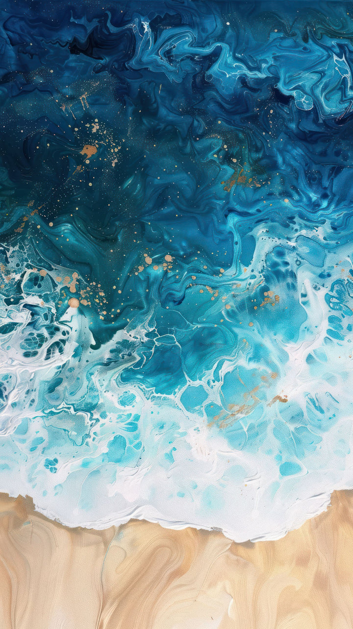 Wadi Home abstract coastal ocean wave wall art with navy, turquoise, and sandy beige tones hanging above a neutral sofa.