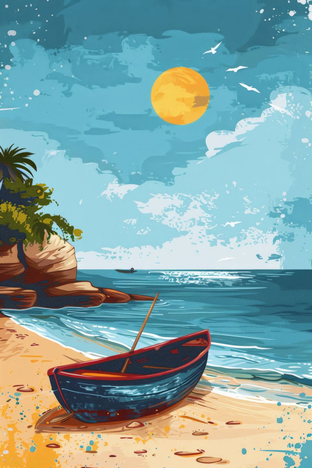 Wadi Home coastal beach scene wall art featuring a stylized boat on sand under a golden sun in a modern living room