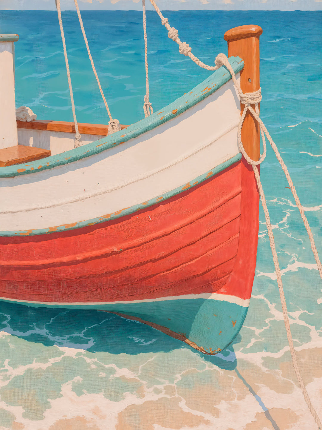 Wadi Home coastal boat wall art print featuring a red and white wooden boat on turquoise water above a beige sofa.