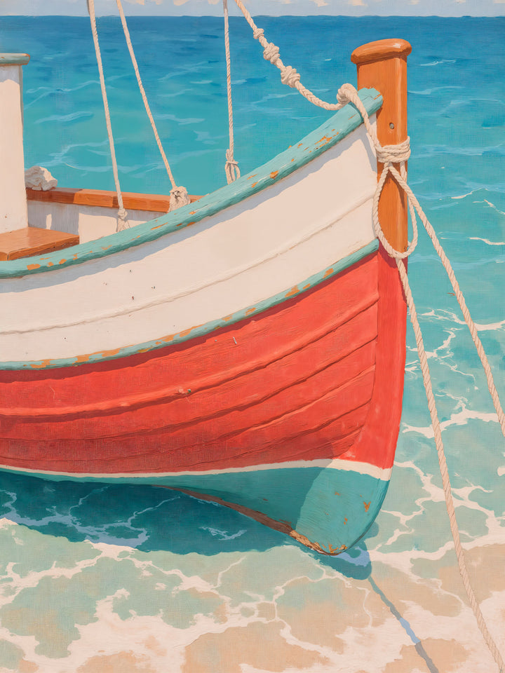 Wadi Home coastal boat wall art print featuring a red and white wooden boat on turquoise water above a beige sofa.