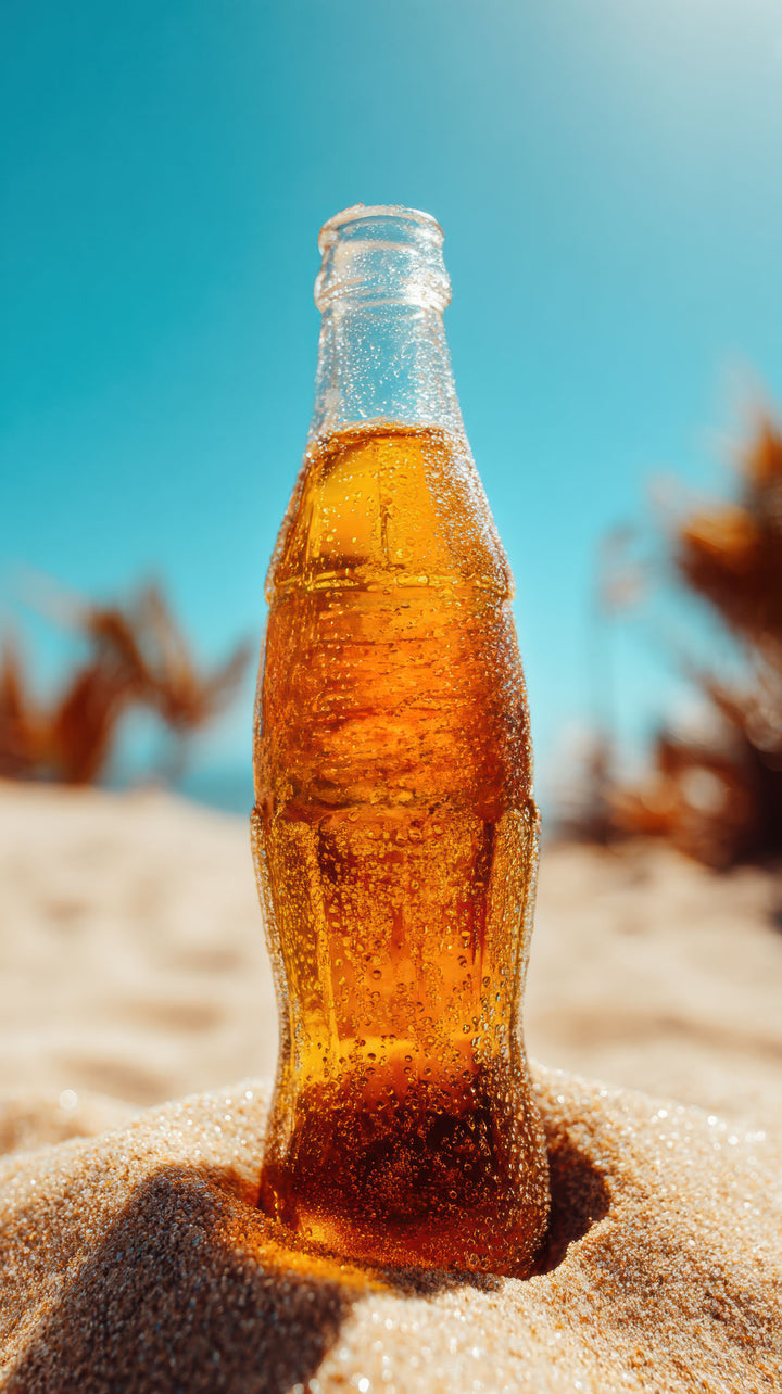 Wadi Home wall art print of a cold soda bottle in beach sand displayed above a neutral sofa in a coastal living room