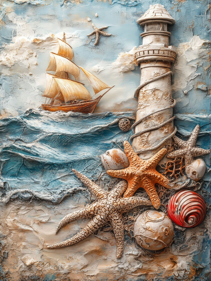 Wadi Home textured coastal lighthouse wall art with a sailing ship, starfish, and seashells above a neutral sofa.