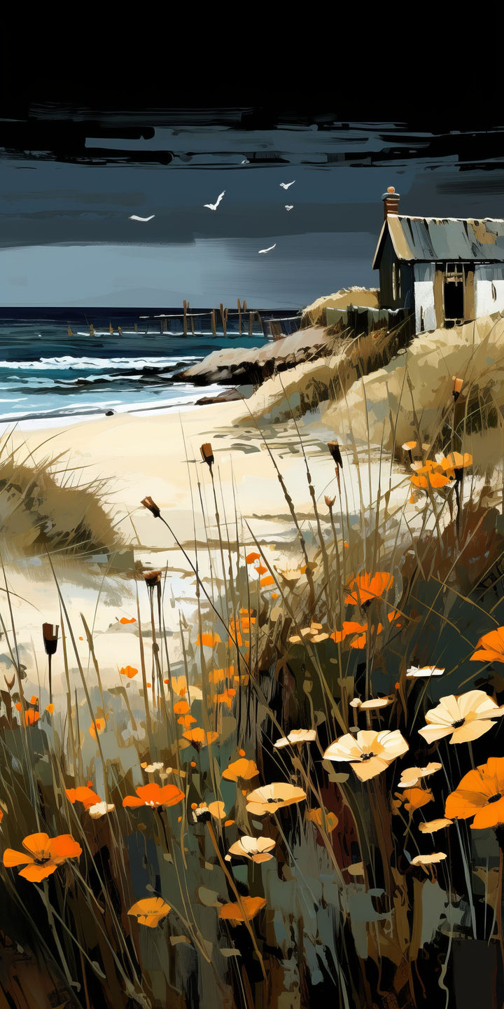 Wadi Home coastal landscape wall art print featuring orange wildflowers and a moody sky above a beige living room sofa.