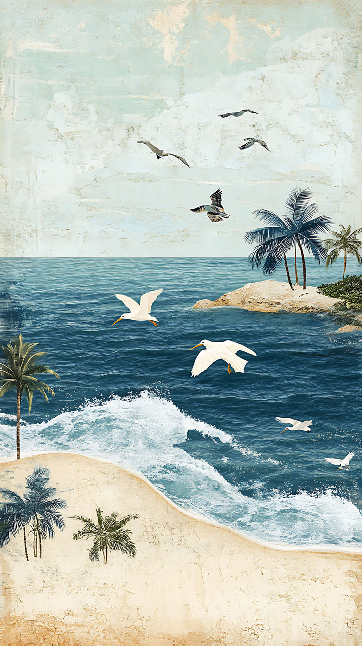 Wadi Home coastal tropical beach landscape wall art print featuring blue ocean waves, palm trees, and birds in a living room