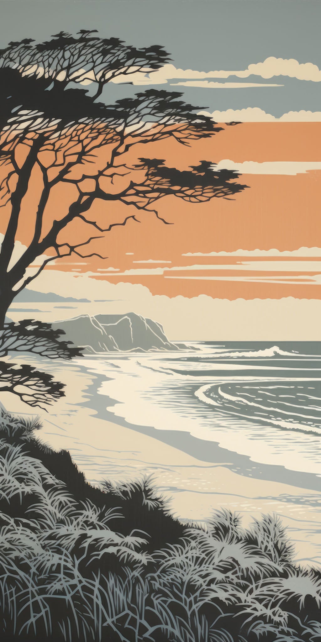 Wadi Home coastal landscape wall art print featuring a sunset beach scene with a tree silhouette above a beige sofa.