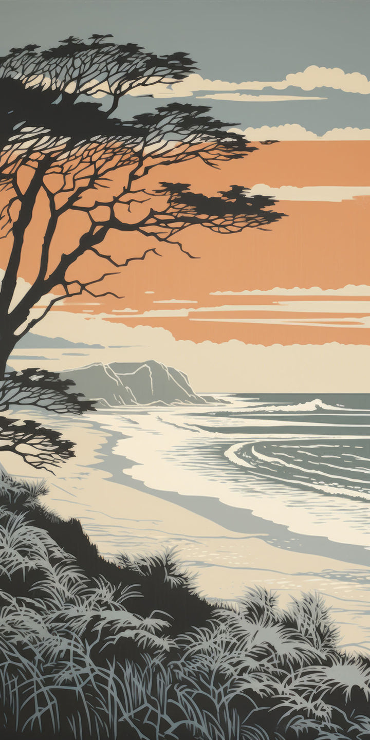 Wadi Home coastal landscape wall art print featuring a sunset beach scene with a tree silhouette above a beige sofa.