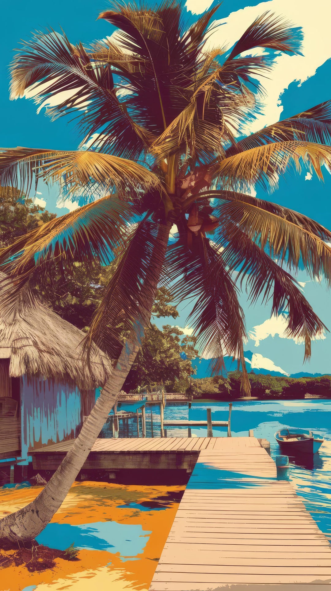 Wadi Home tropical coastal landscape wall art print featuring a palm tree and wooden pier above a beige living room sofa