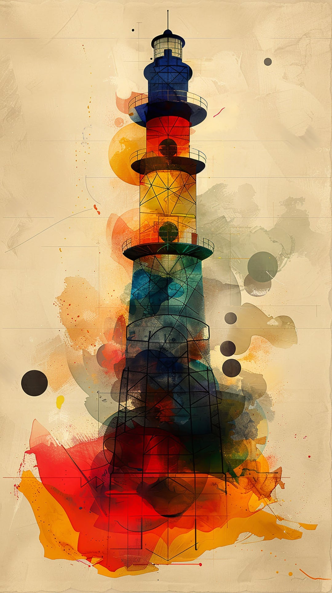 Wadi Home abstract lighthouse wall art print with red, blue, and gold watercolor accents in a coastal living room.