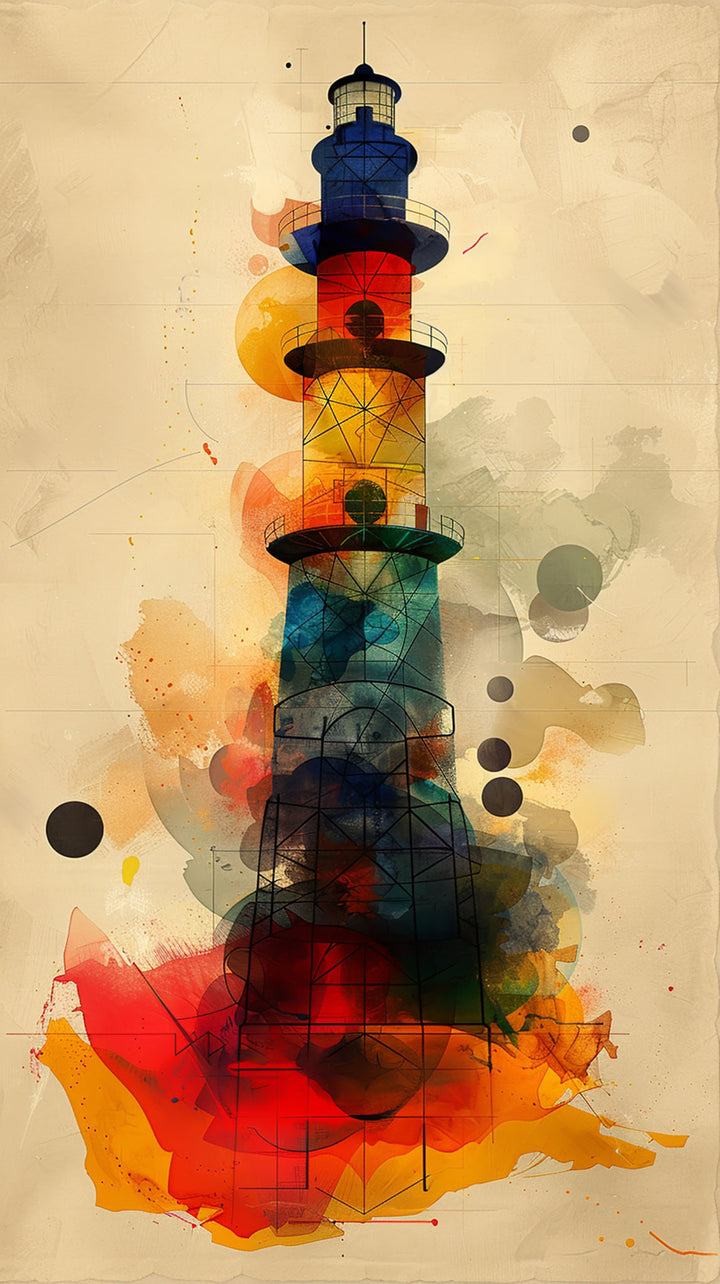Wadi Home abstract lighthouse wall art print with red, blue, and gold watercolor accents in a coastal living room.