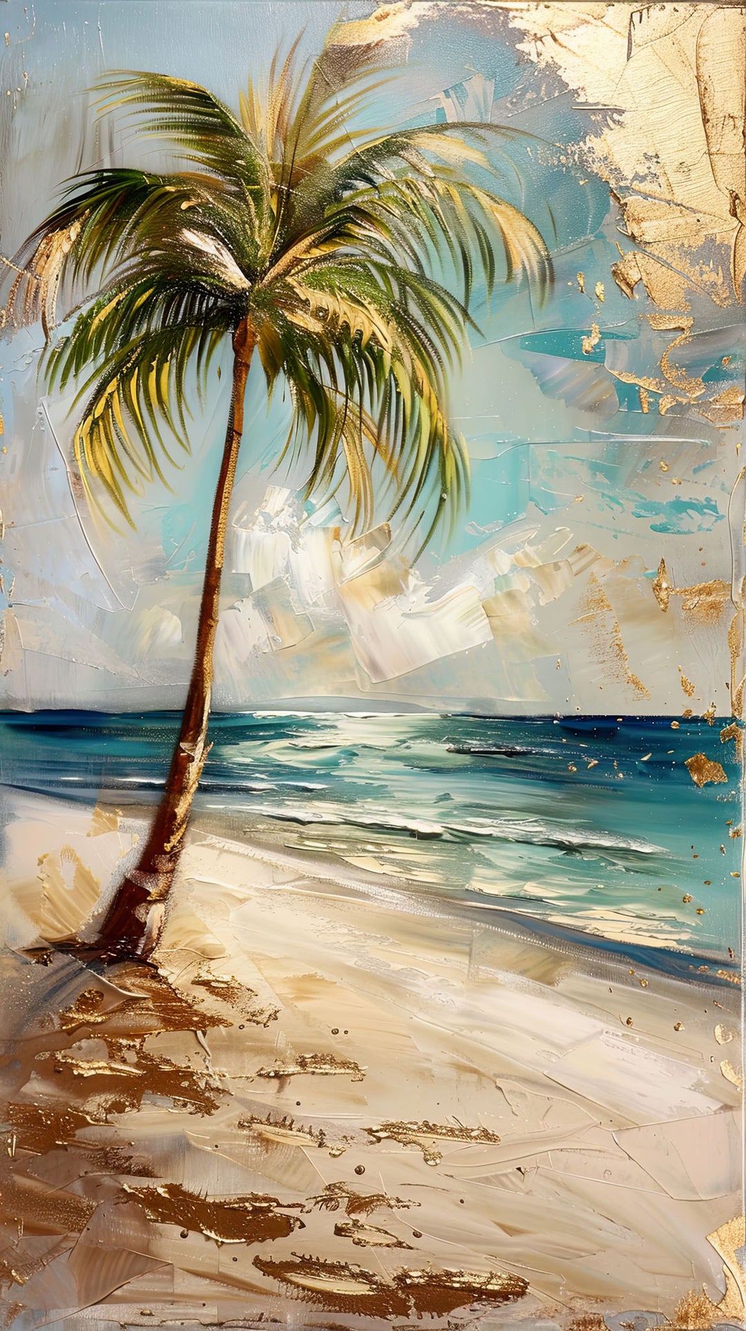 Wadi Home tropical beach palm tree framed wall art with textured brushstrokes and metallic gold accents in a living room