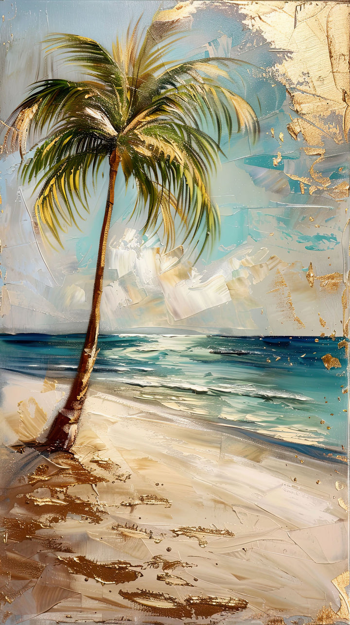 Wadi Home tropical beach palm tree framed wall art with textured brushstrokes and metallic gold accents in a living room