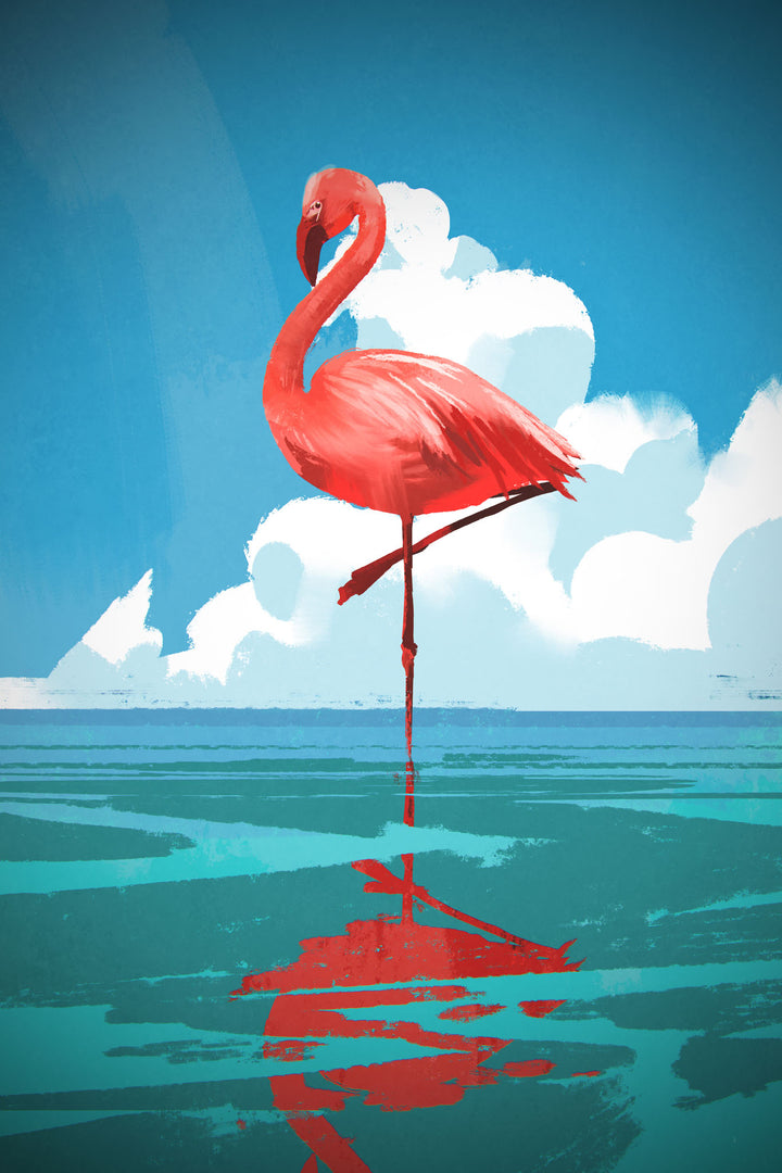 Wadi Home flamingo wall art print featuring a vibrant pink bird in blue water, displayed in a modern living room.