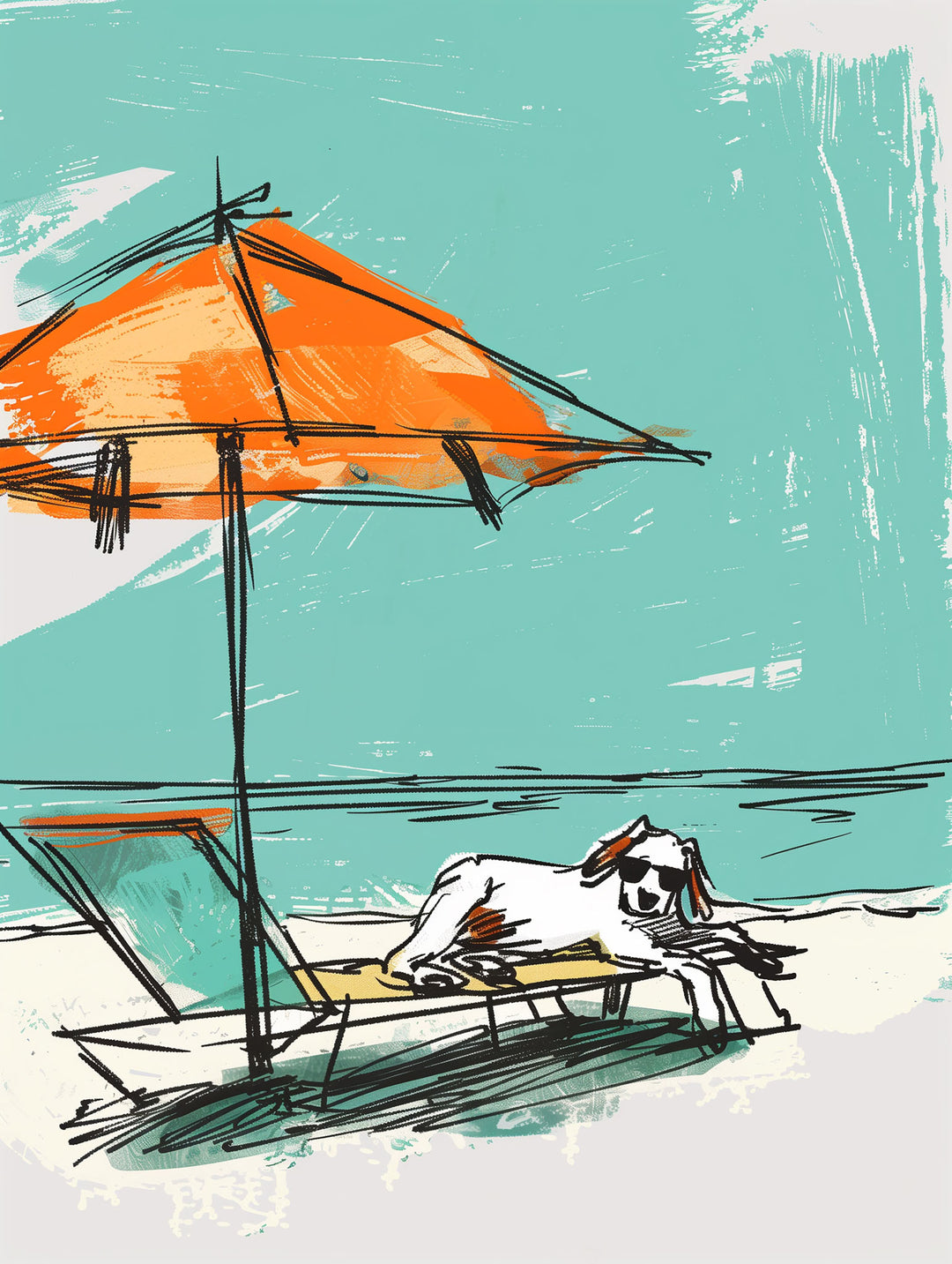 Wadi Home abstract beach wall art featuring a dog under an orange umbrella, displayed in a coastal living room.