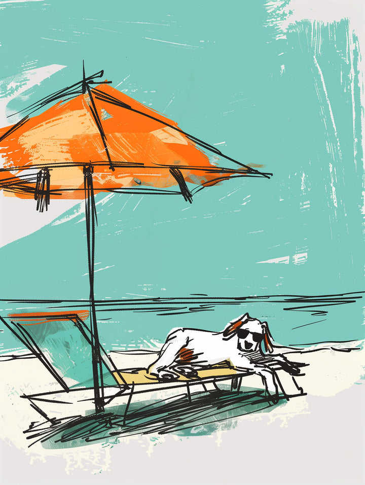 Wadi Home abstract beach wall art featuring a dog under an orange umbrella, displayed in a coastal living room.