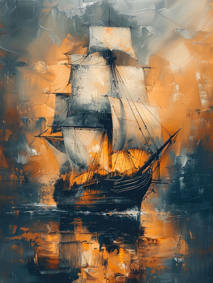 Wadi Home abstract sailing ship framed wall art with navy and amber sunset tones hanging above a neutral living room sofa.