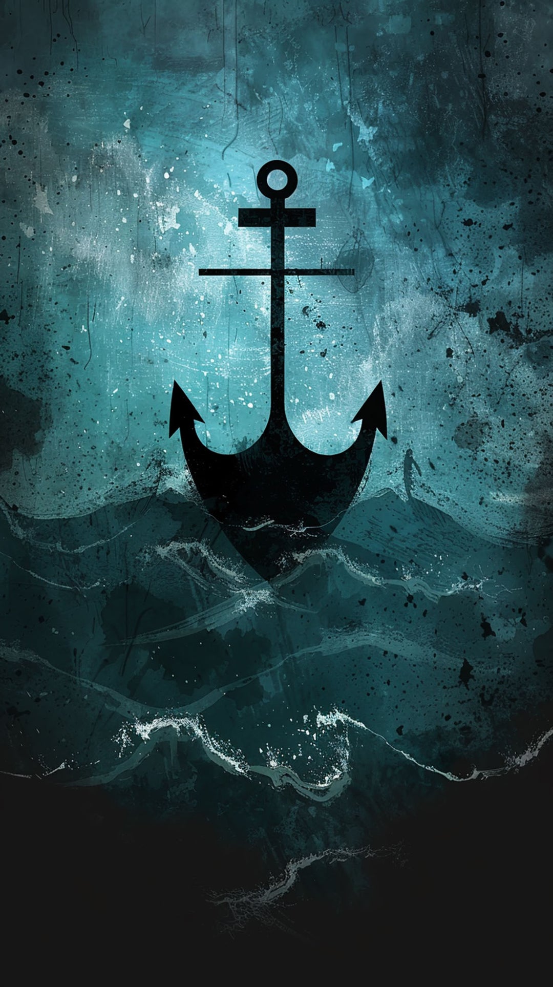 Wadi Home nautical anchor wall art print featuring a black silhouette over textured blue and teal ocean waves.