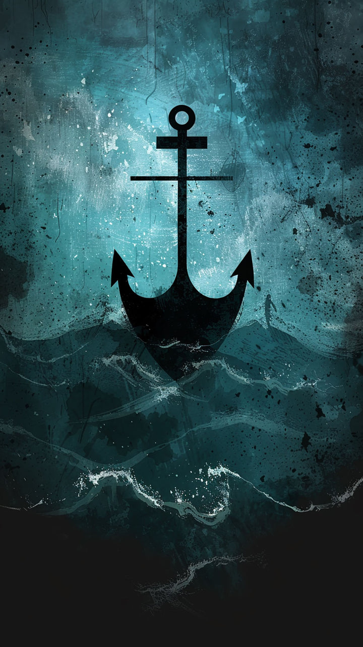 Wadi Home nautical anchor wall art print featuring a black silhouette over textured blue and teal ocean waves.