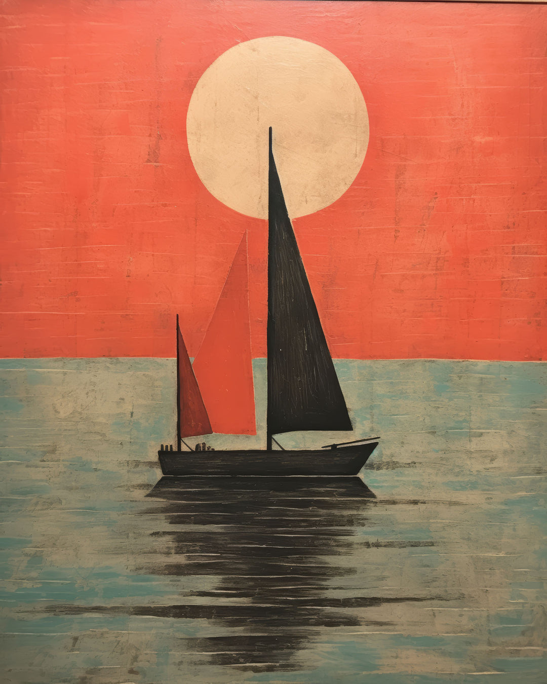 Wadi Home framed wall art of a sailboat silhouette against a vibrant red and teal sunset in a modern living room.