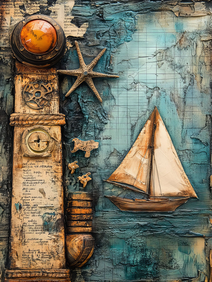 Wadi Home nautical mixed media wall art featuring a 3D sailboat, compass, and starfish on a textured blue map background