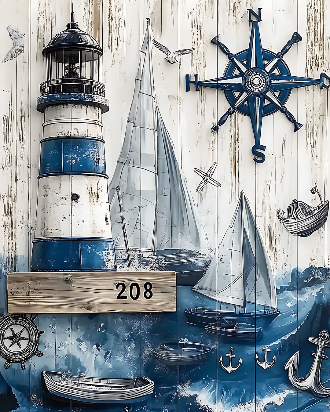 Wadi Home nautical wall art featuring a lighthouse, sailboats, and compass on a rustic blue and white wood background.