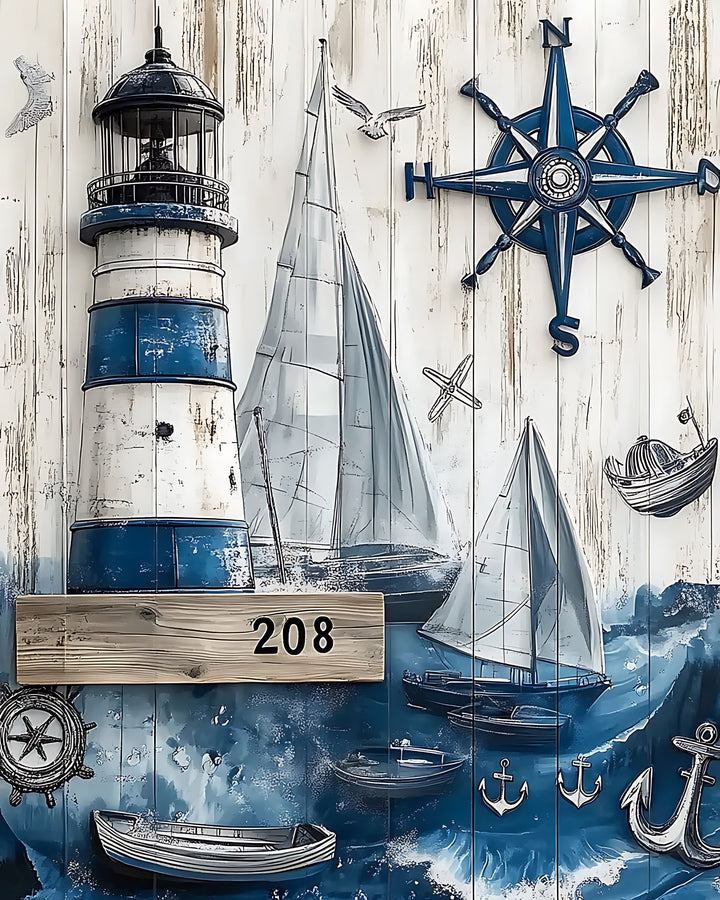 Wadi Home nautical wall art featuring a lighthouse, sailboats, and compass on a rustic blue and white wood background.