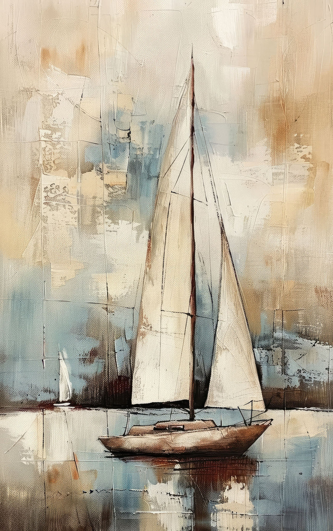 Wadi Home abstract sailboat canvas print with neutral beige and blue tones hanging above a modern coastal living room sofa