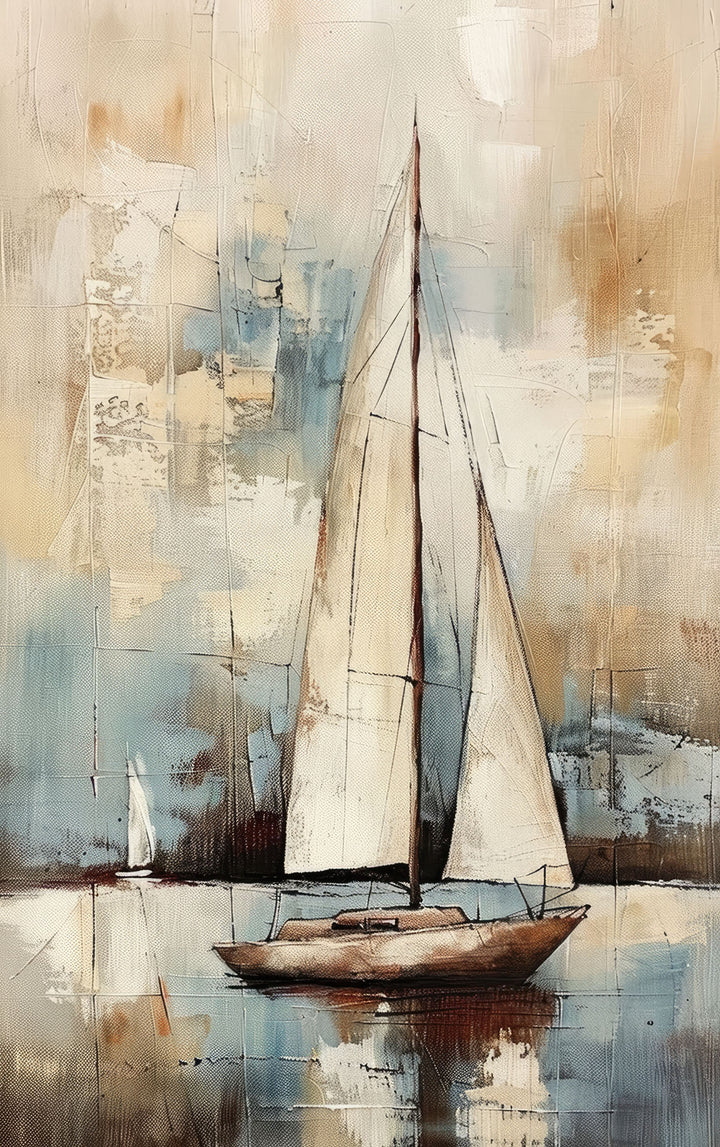 Wadi Home abstract sailboat canvas print with neutral beige and blue tones hanging above a modern coastal living room sofa
