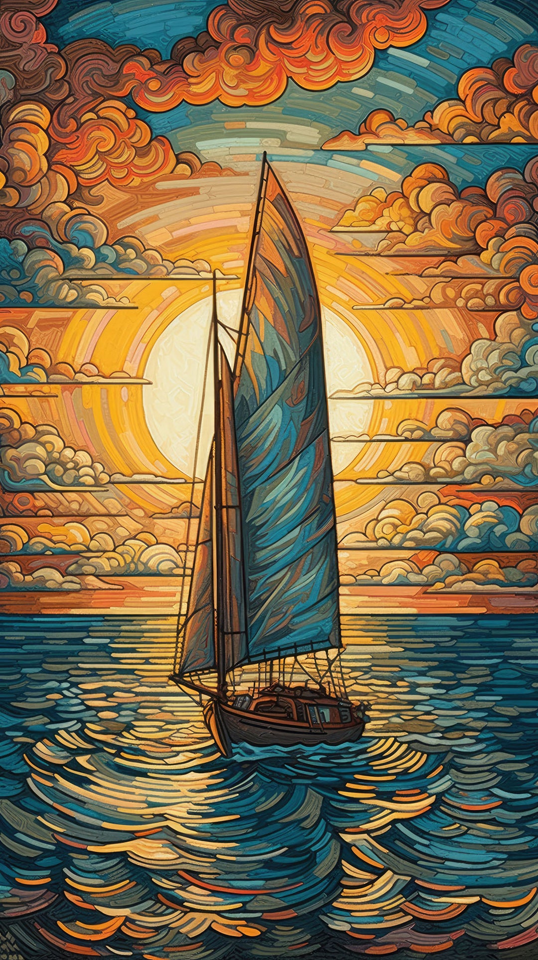 Wadi Home sailboat at sunset canvas wall art featuring vibrant orange and blue tones in a modern living room setting.