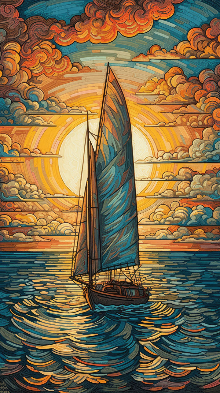 Wadi Home sailboat at sunset canvas wall art featuring vibrant orange and blue tones in a modern living room setting.