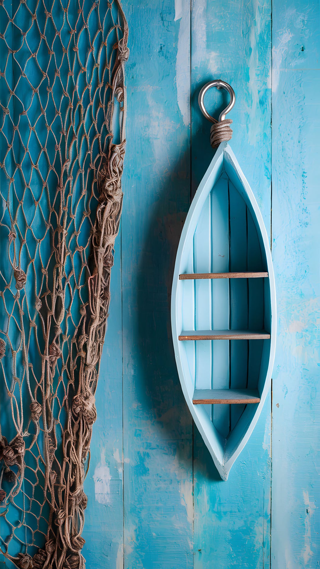 Wadi Home coastal nautical boat wall art with weathered blue wood and fishing net decor in a bright living room.