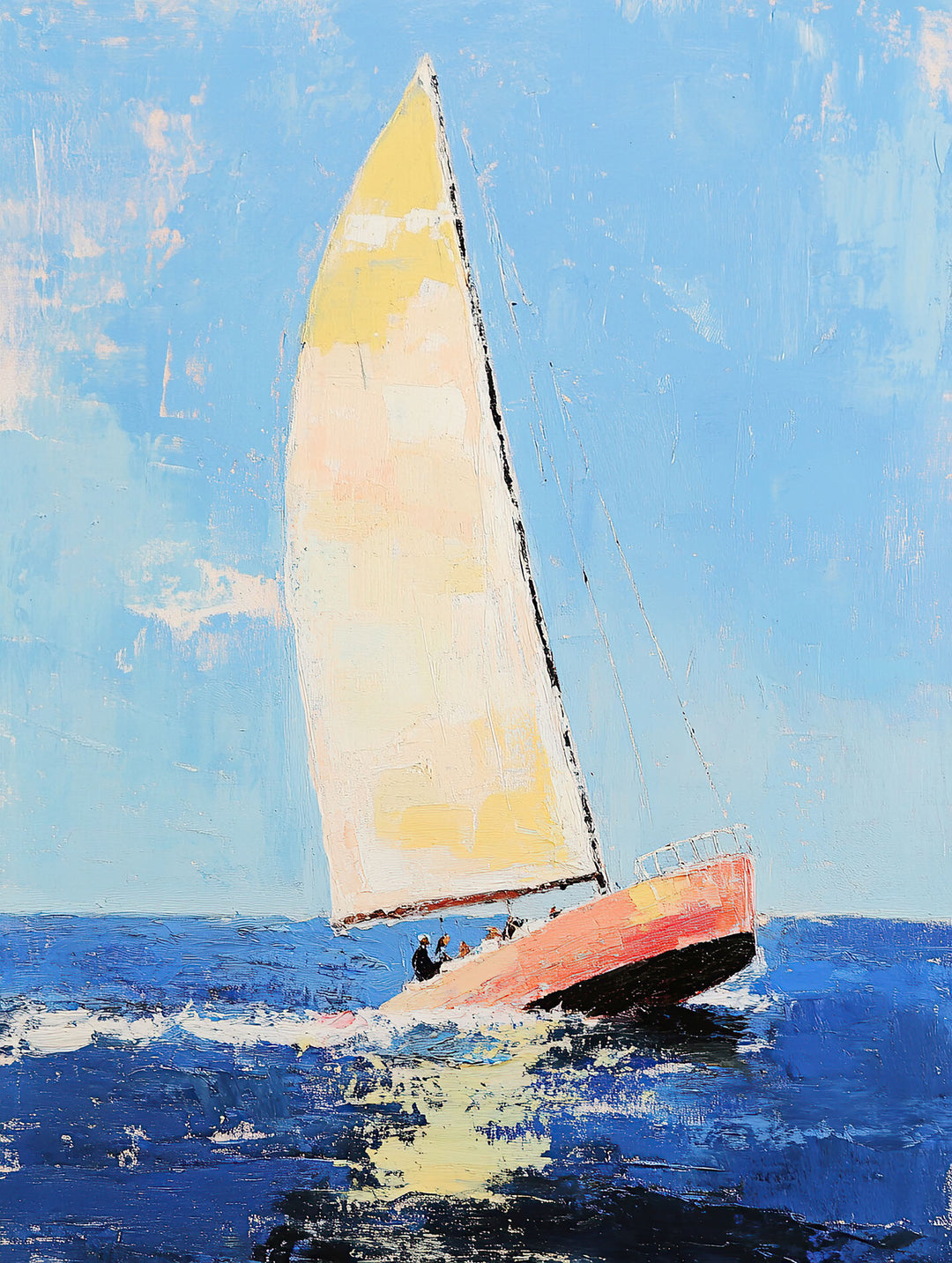 Wadi Home sailboat nautical canvas print with textured blue ocean and yellow sail hanging above a modern beige sofa.