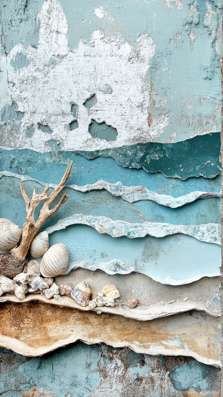 Wadi Home coastal shoreline textured wall art with blue and beige layers, driftwood, and seashells above a beige sofa.