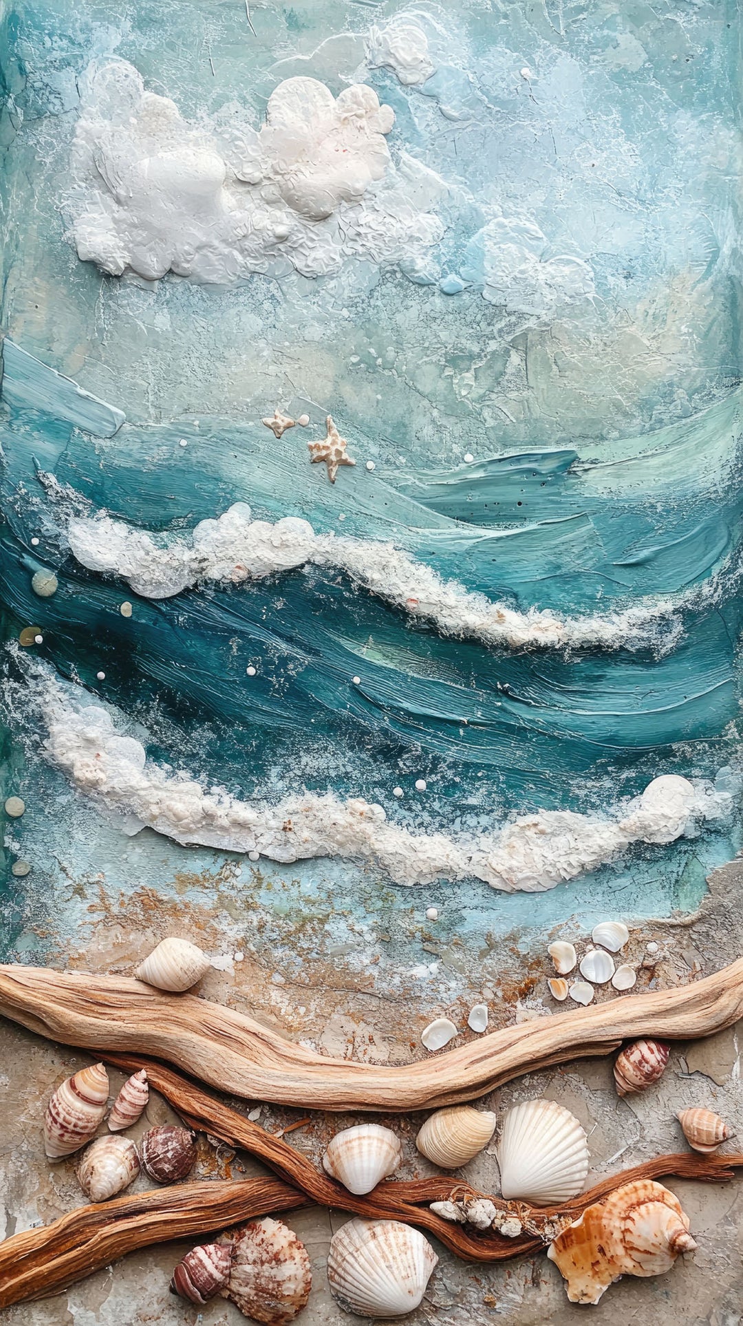 Wadi Home coastal seascape wall art with textured turquoise waves, sandy beach, and seashells above a neutral sofa.