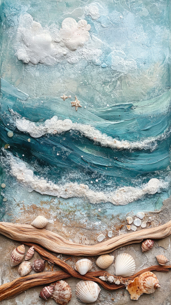 Wadi Home coastal seascape wall art with textured turquoise waves, sandy beach, and seashells above a neutral sofa.