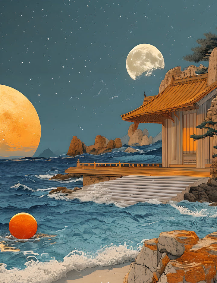 Wadi Home surreal coastal temple wall art print featuring a celestial landscape with oceanic blues and sunset oranges.