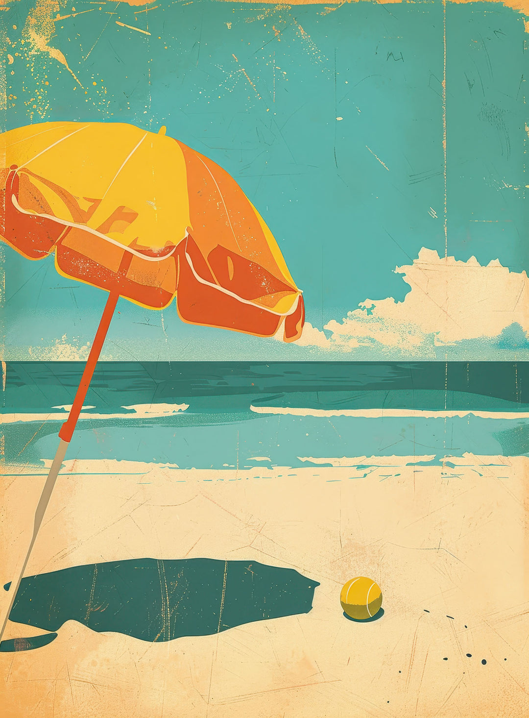 Wadi Home coastal beach scene framed wall art with a yellow umbrella on a blue ocean background in a living room.