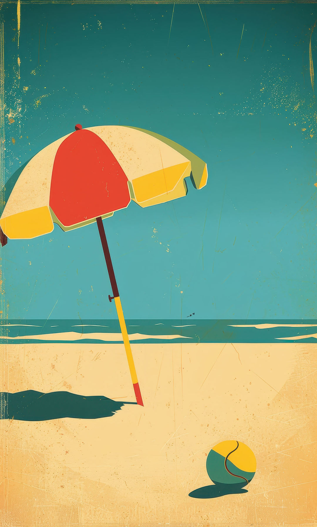 Wadi Home vintage beach umbrella wall art print featuring a retro design with teal, yellow, and red tones in a living room.