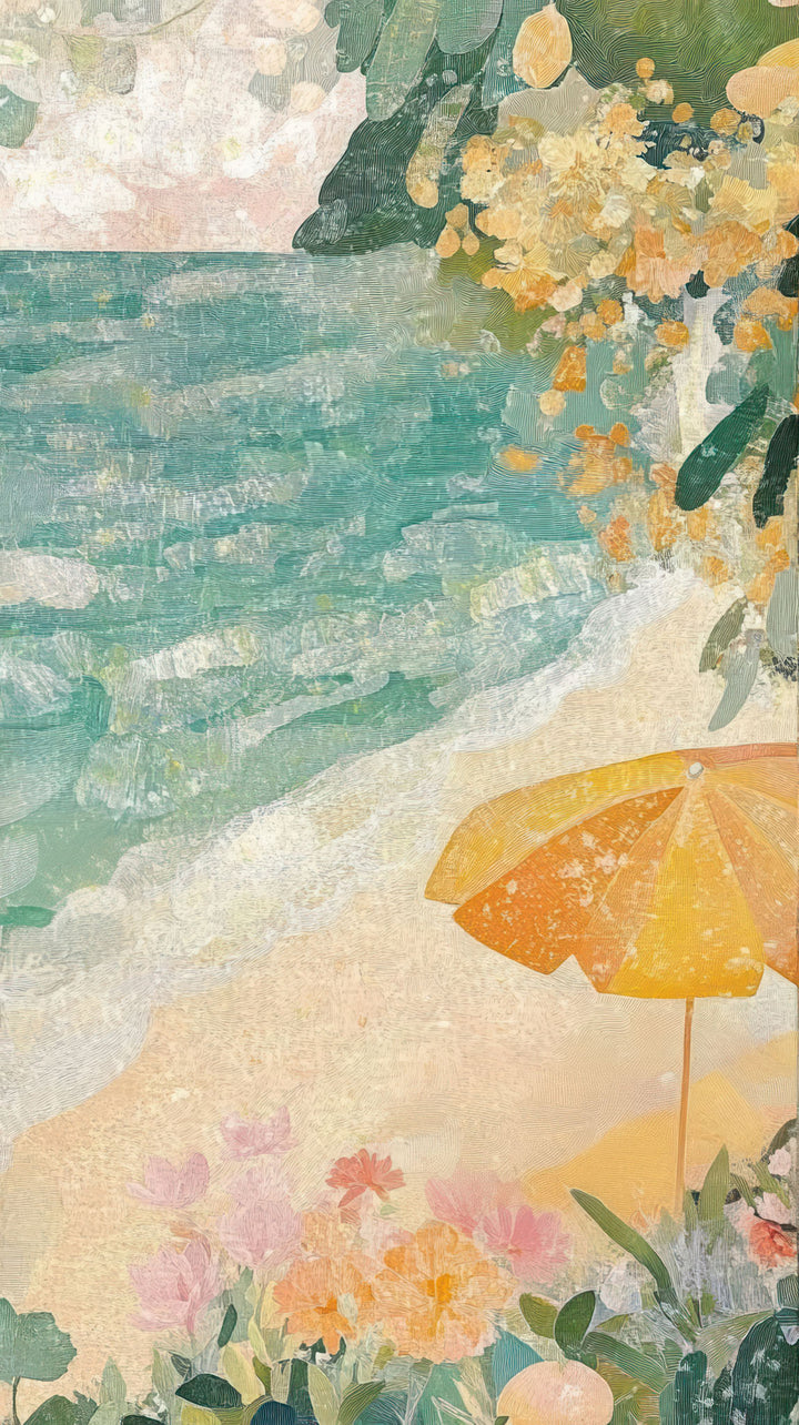 Wadi Home coastal beach scene framed wall art with turquoise ocean, yellow umbrella, and flowers above a beige sofa.