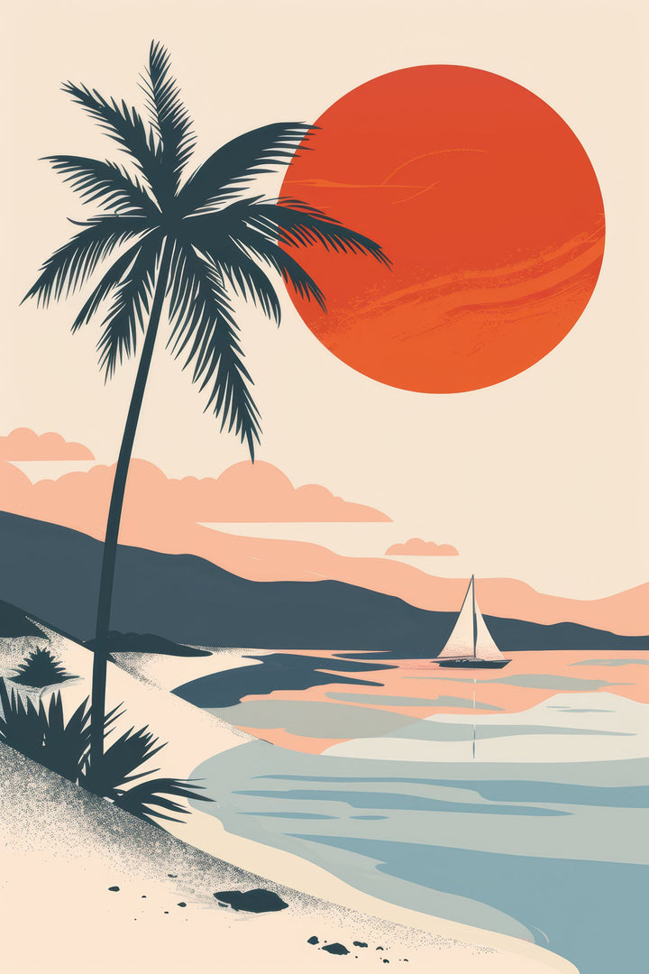 Wadi Home minimalist tropical coastal landscape wall art print featuring a sunset, palm tree, and sailboat in a living room.
