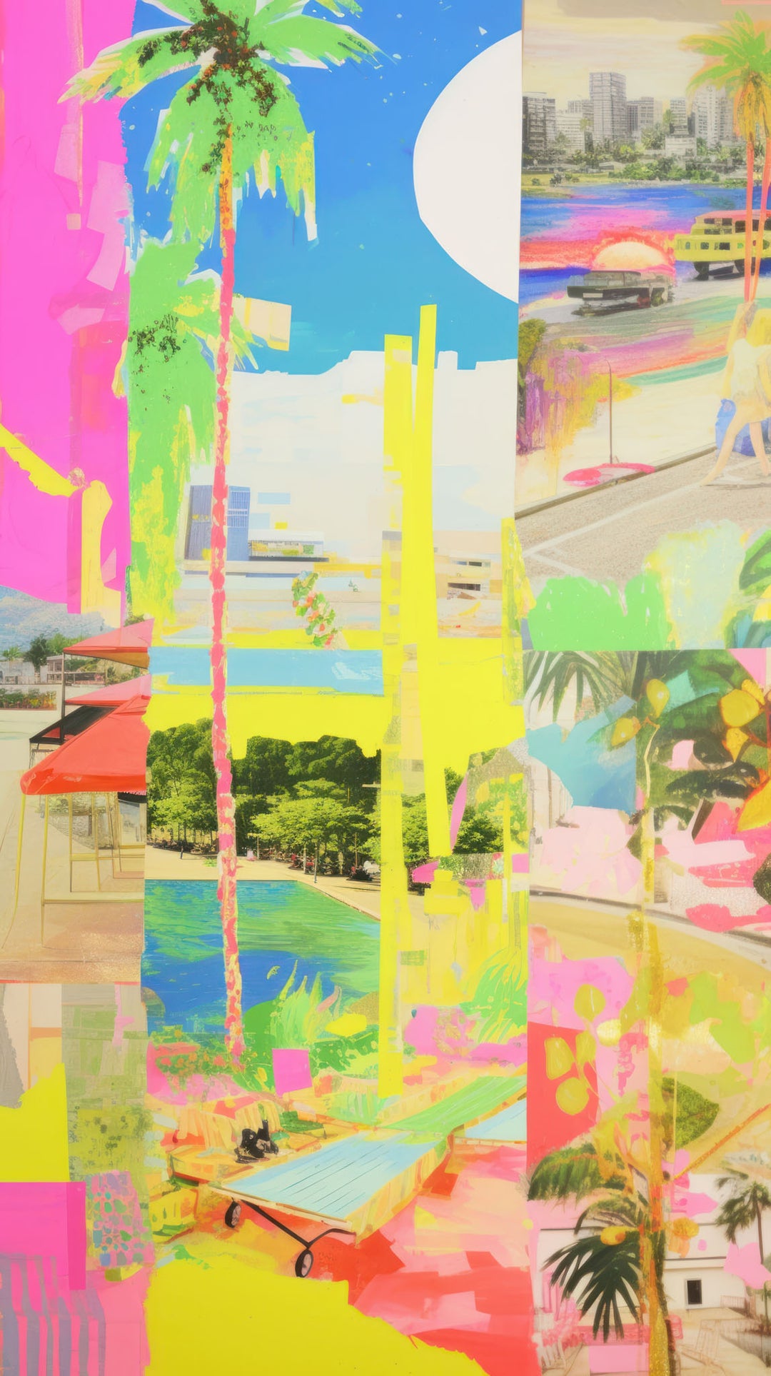 Wadi Home abstract tropical landscape framed wall art with neon colors, palm trees, and coastal scenes in a living room
