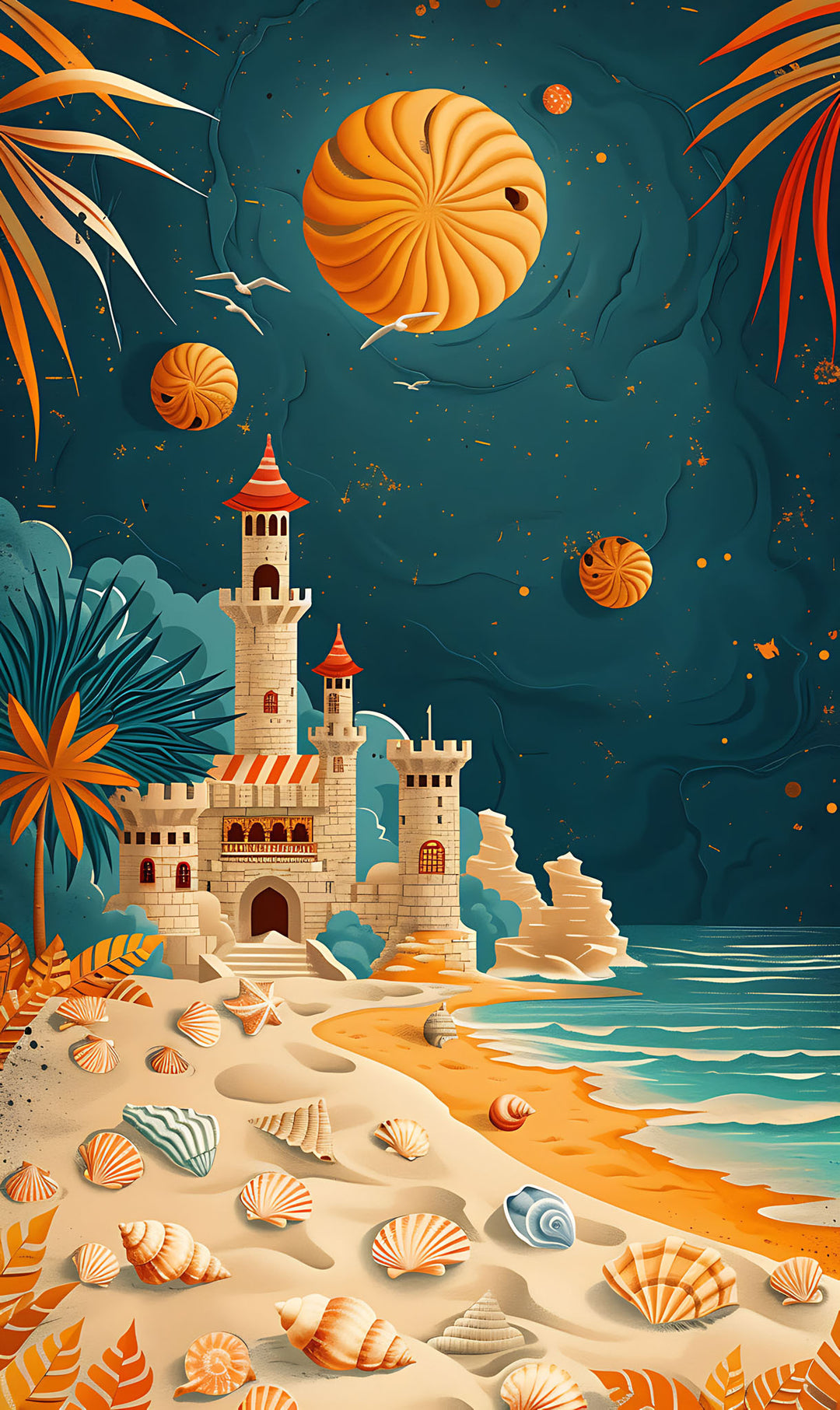 Wadi Home coastal castle wall art print featuring a sandcastle, seashells, and tropical foliage in a living room.
