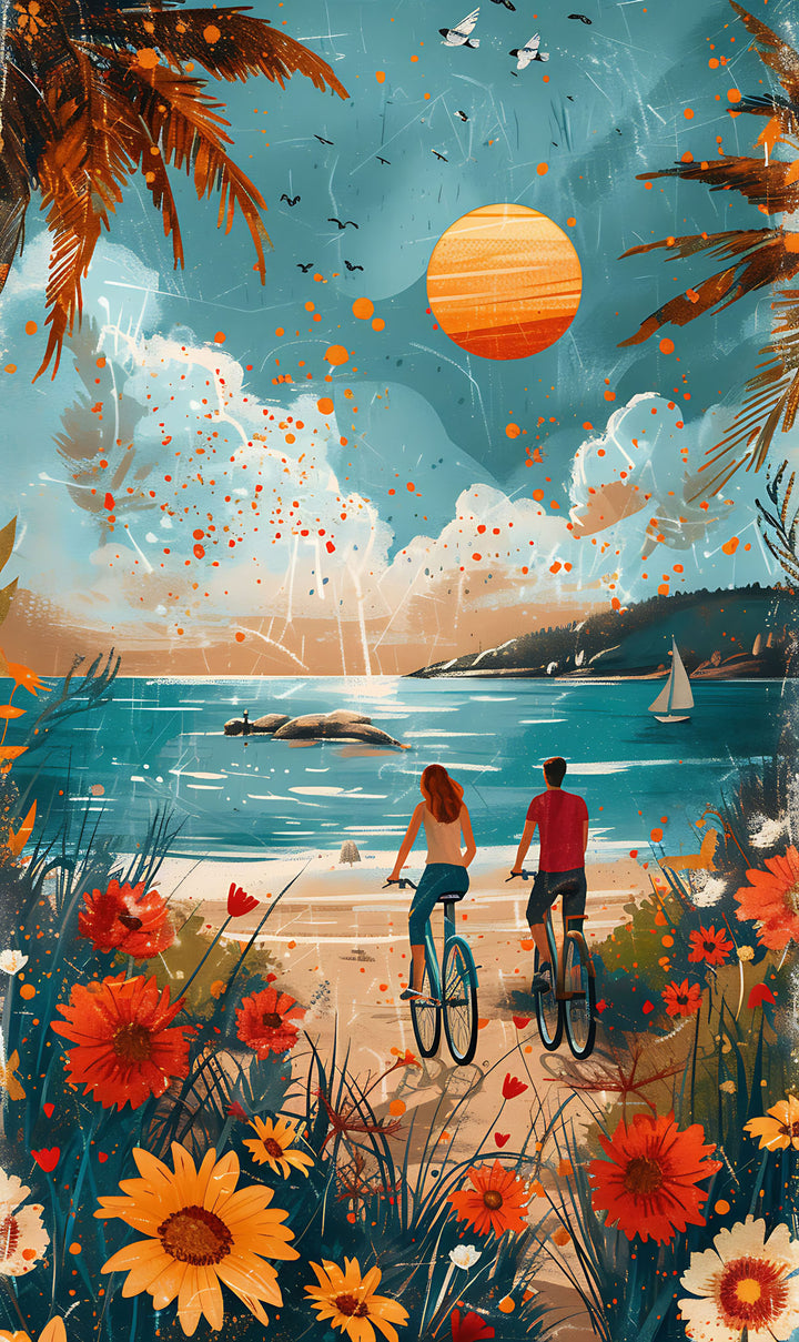 Wadi Home coastal landscape wall art print featuring a couple cycling by the ocean with vibrant flowers and sunset