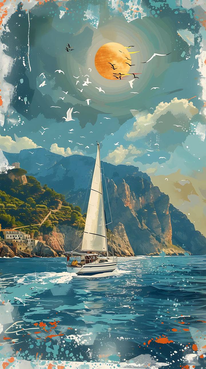 Wadi Home coastal sailboat landscape wall art print featuring a sunlit sea and cliffs above a neutral living room sofa.