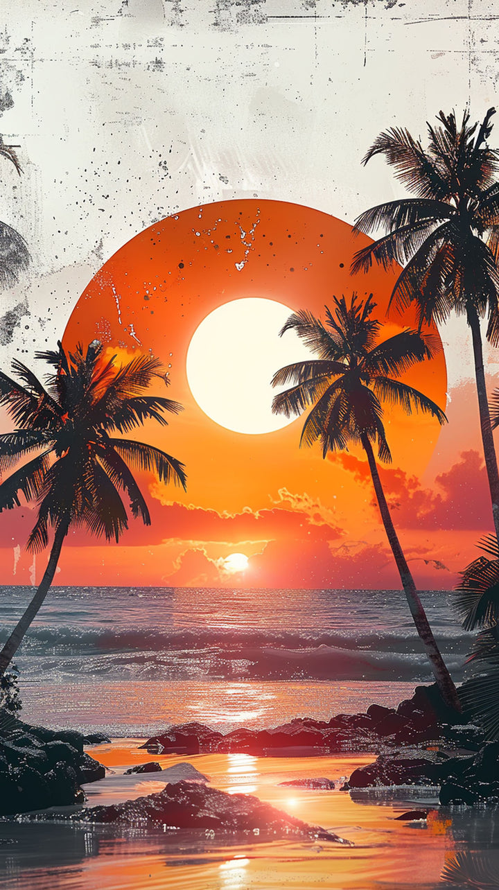 Wadi Home tropical sunset beach wall art print featuring palm tree silhouettes and vibrant orange hues in a living room