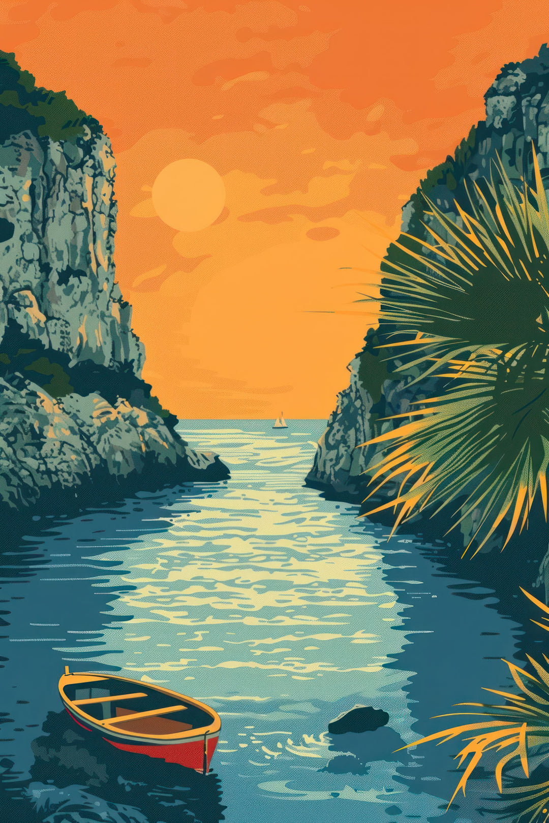 Wadi Home coastal landscape wall art print featuring a sunset over a cove with a rowboat, displayed above a sofa.