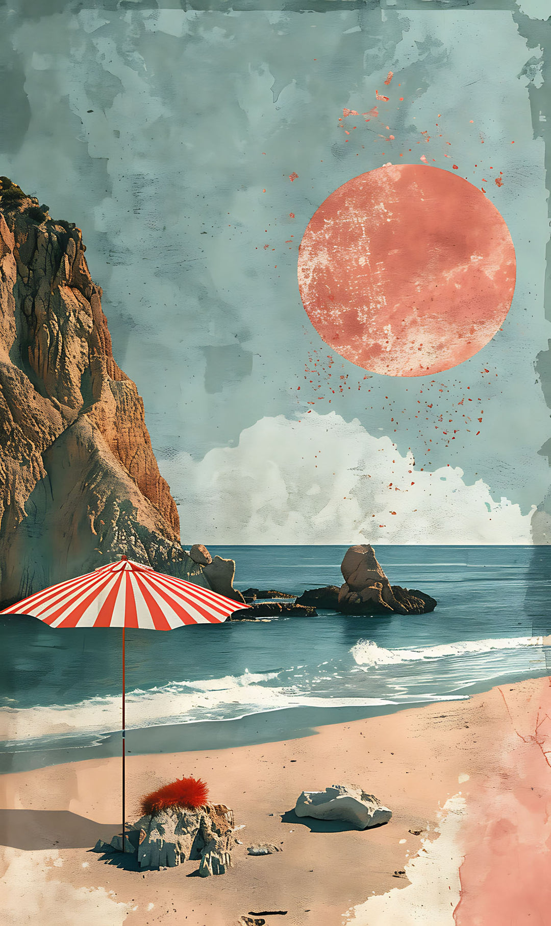 Wadi Home coastal landscape wall art print featuring a red sun, cliffside, and striped umbrella above a beige sofa.